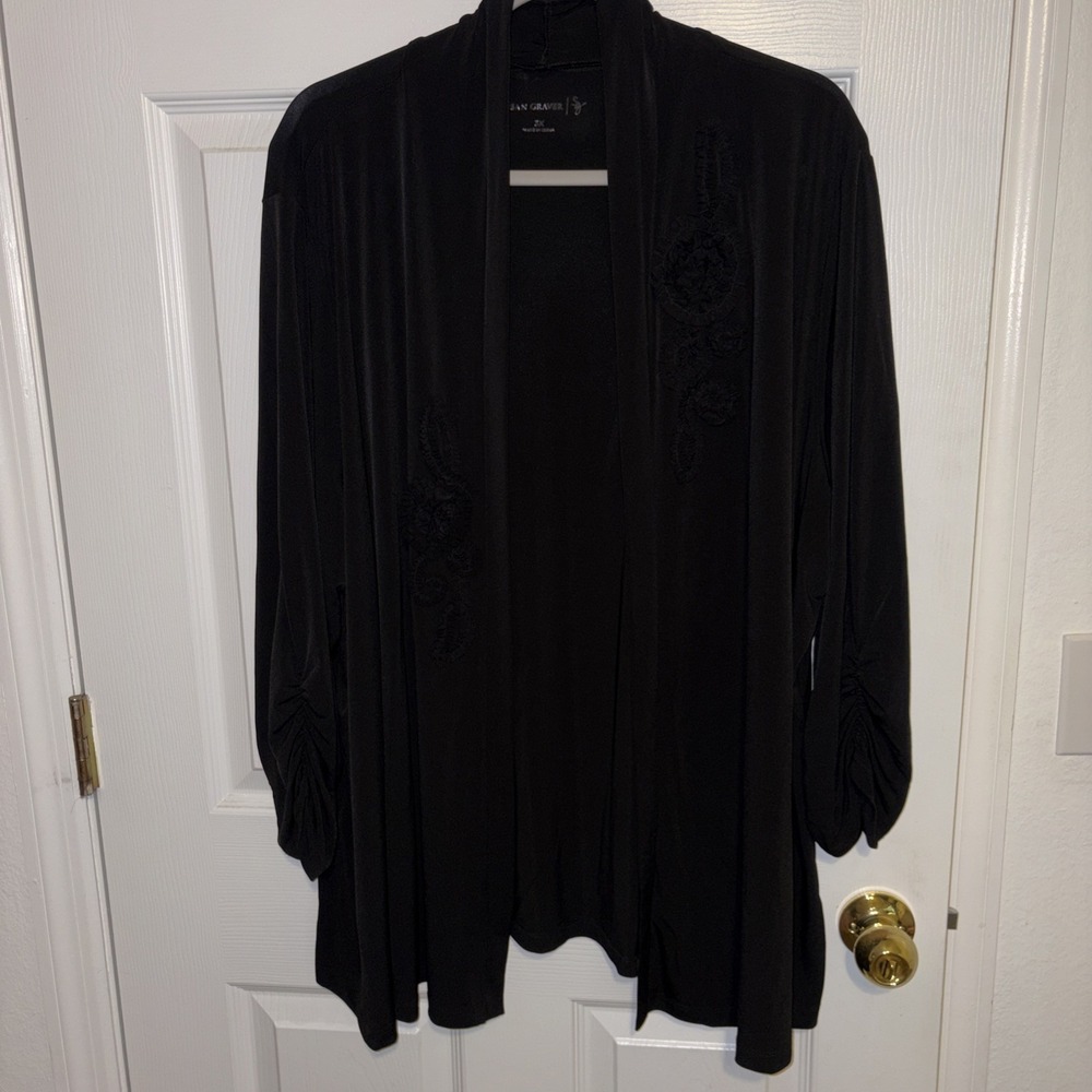 Susan Graver Liquid Knit Cardigan W/ Ruched Sleeves & Tonal Floral Appliqués 3X